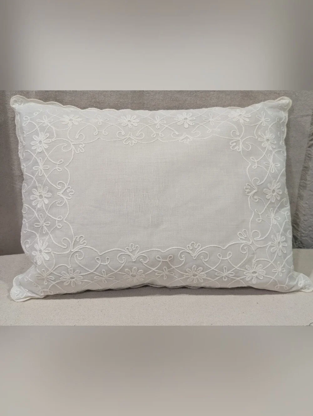 Vintage Marshall Fields child's feather pillow w/ white embroidered pillow case
